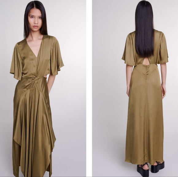 BB2. NWT MAJE OPENWORK SATIN EFFECT MAXI DRESS IN KHAKI